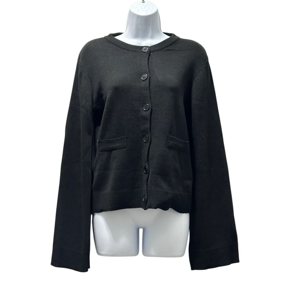 Fashion Black Button Down Wide Sleeves Cardigan Size S